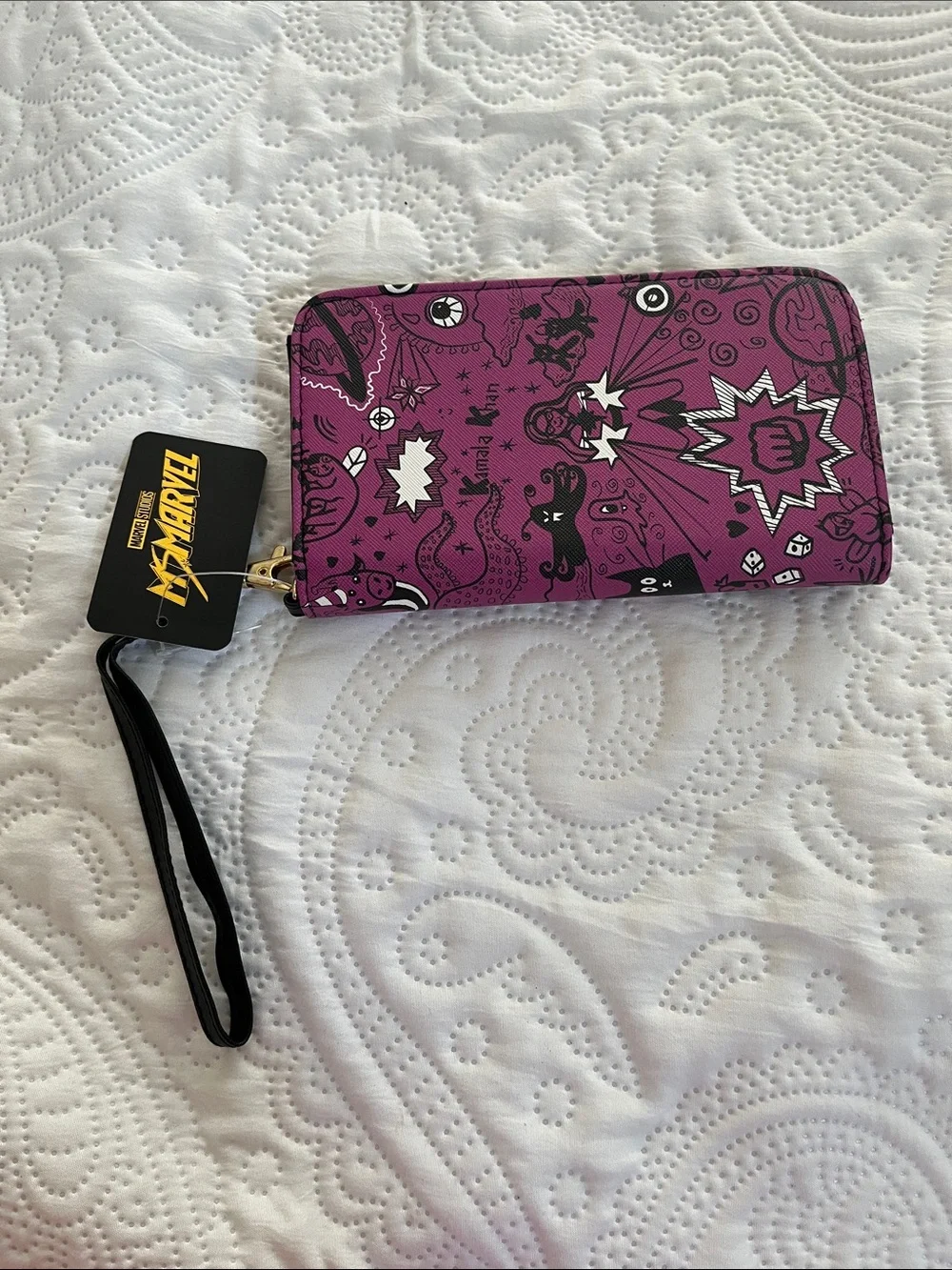 Marvel Pink Graphic Zip Wristlet Wallet with Gold Accents
